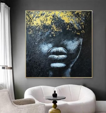 Texturkunst Werke - Schwarze und goldene afrikanische Gesichtslippenbeschaffenheit